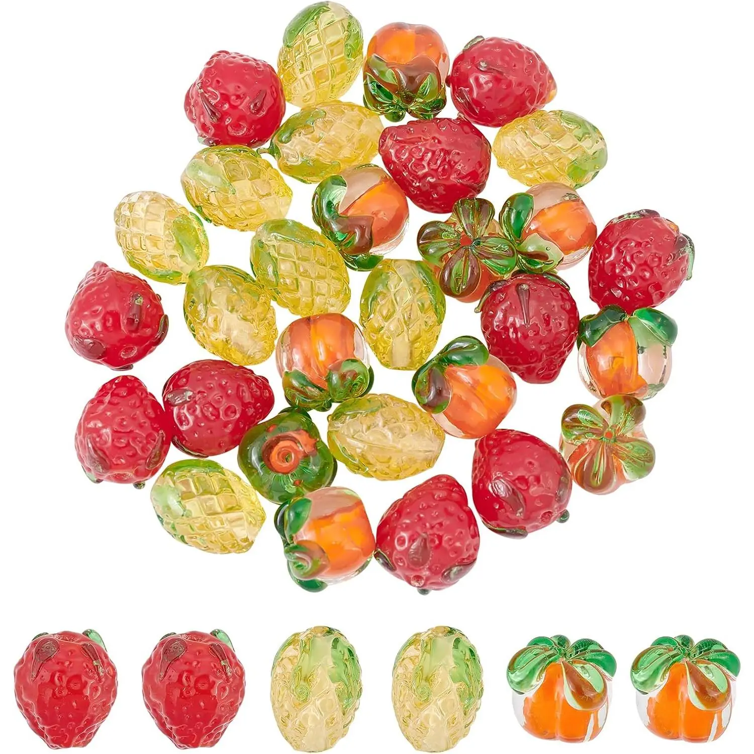 30 count 3 Styles Fruit  Lampwork Glass Beads, Pineapple Strawberry Persimmon  Loose Beads for DIY Craft Bracelets Necklace Jewellery Making