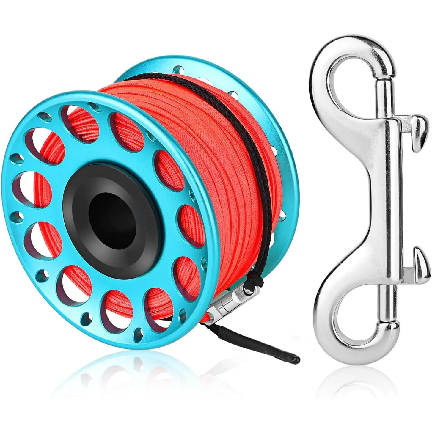 Large Spinning Spool Aluminum Dive Finger Reel with 30m/100ft High Visibility Line Double-Ended Bolt Snap Clip for Wreck Cave Diving Spearfishing Fishing Blue Reel