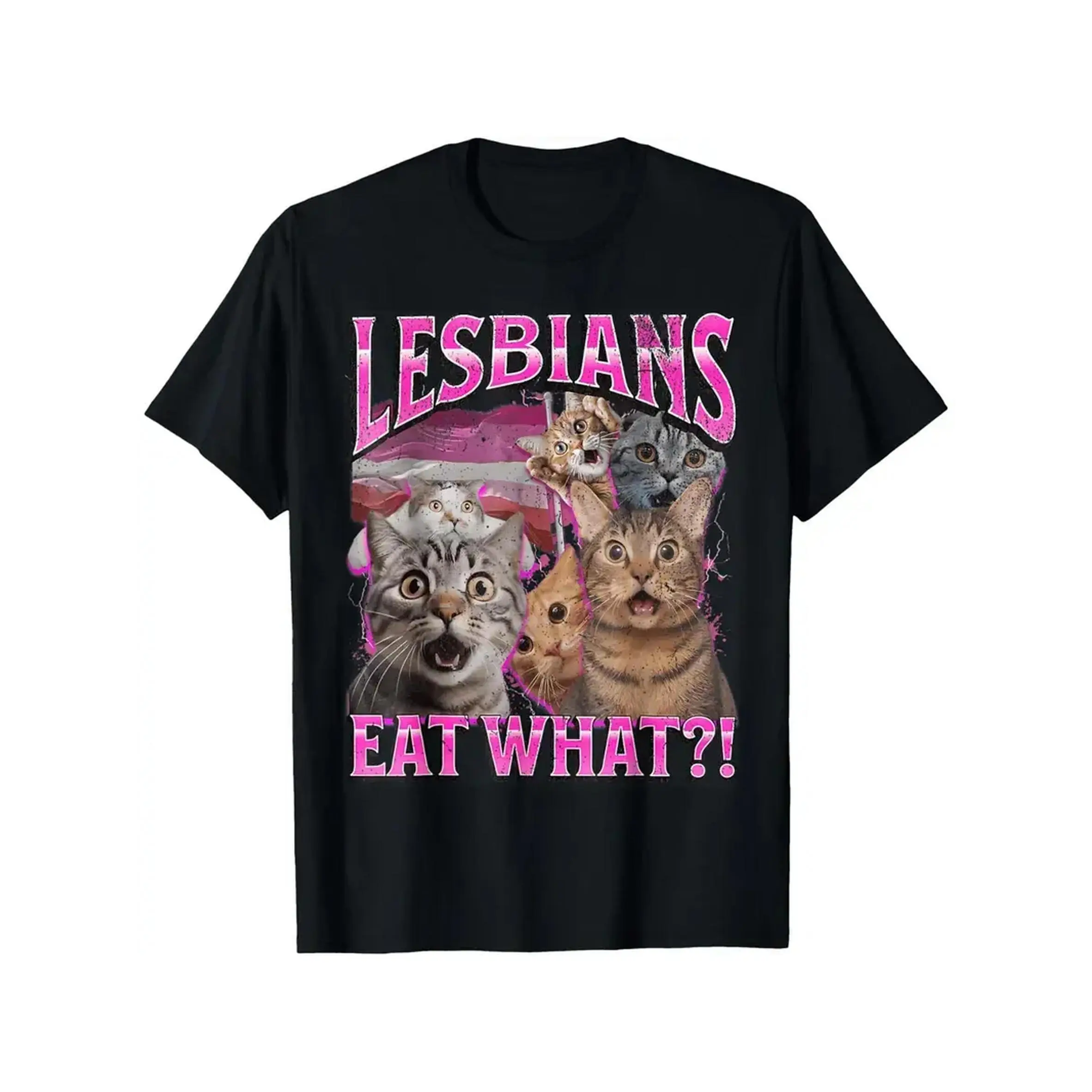 Unisex Men's Cotton Short-Sleeve T-Shirt - Funny Cat Pride Pun "Lesbians Eat What?!" Graphic Top Casual Lgbtq