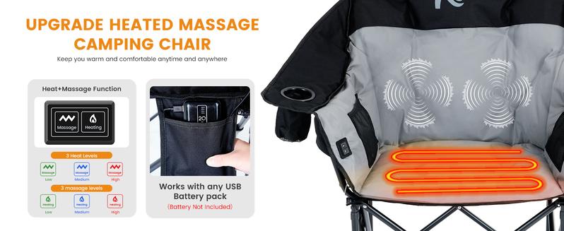SLSY Oversized Heated Massage Camping Chair for Adults, 3-Level Heat & Massage Padded Folding Outdoor Sports Chair with Storage Pocket for Camping,Games,Christmas Party