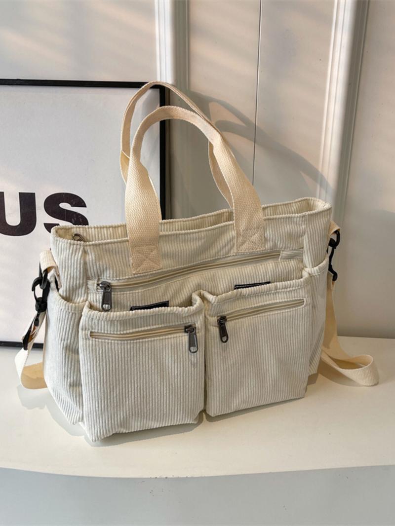 Women's Solid Color Zipper Tote Bag, Large Capacity Multi-pocket Portable Shoulder Bag, Casual Trendy Versatile High-quality Daily Commuting Bag