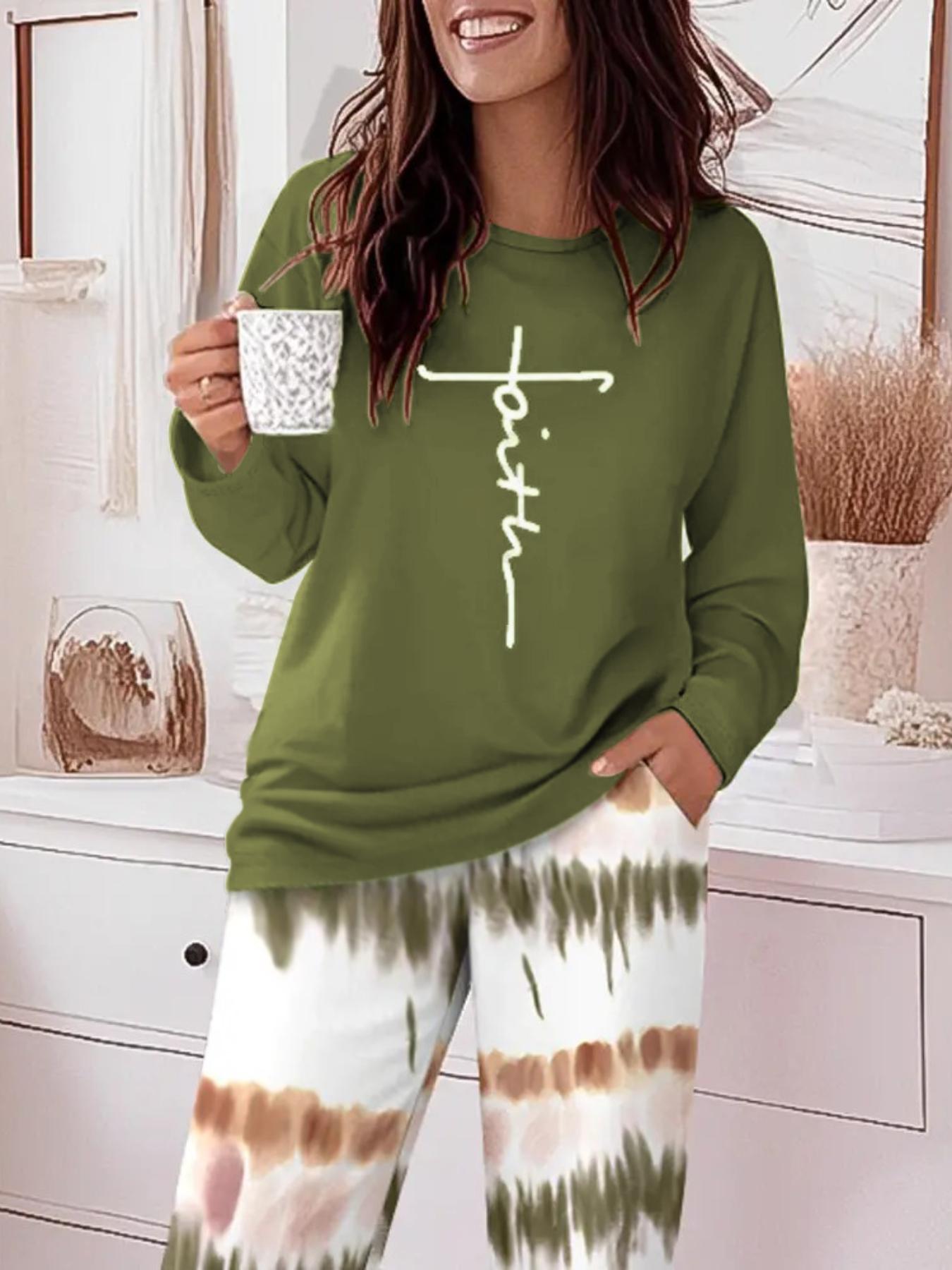 Women's Casual Printed Round Neck Long Sleeve Top & Gradient Print Pants Set, Soft Comfortable Home Wear Loungewear, All Seasons Fitted