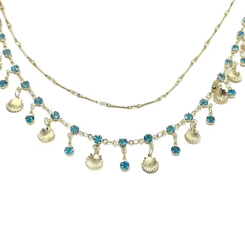 Summer Beach Blue Zircon Style Gold Shell Pendant DDXL0041 Necklace Versatile Multi-layered Collarbone Chain Accessory 14K Gold-Plated