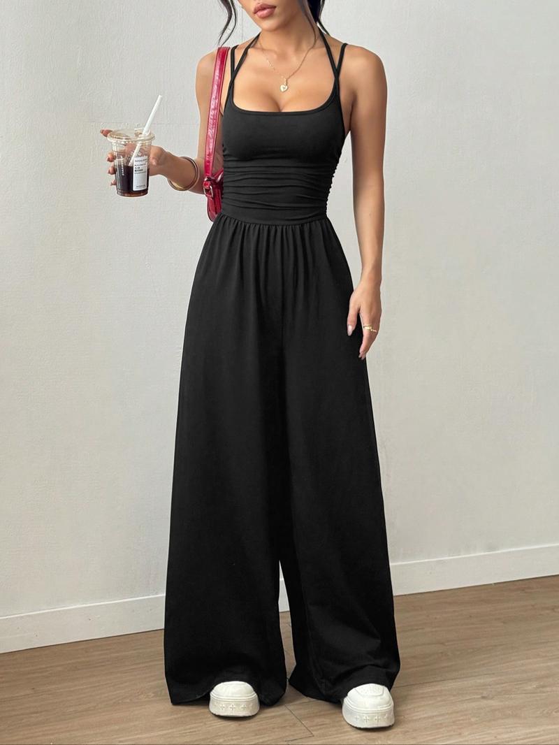 Women's Sexy Backless Jumpsuit, Spaghetti Strap Design, Smocked Bodice, Elegant One-Piece Romper, Ideal for Party Wear