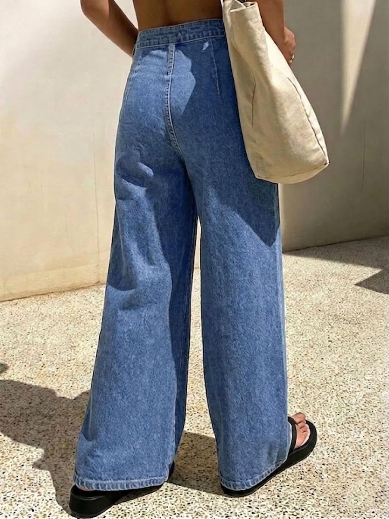 Lkuily Women's Medium Wash Crossover High Waisted Denim Wrap Over Cross Front Single Button High Waist Wide Leg Floor Length Jeans, Diagonal Stitch Drape Loose Hip Cover Long Straight Pants, Minimal Office Unique Design Casual Denim Trousers, Bottoms