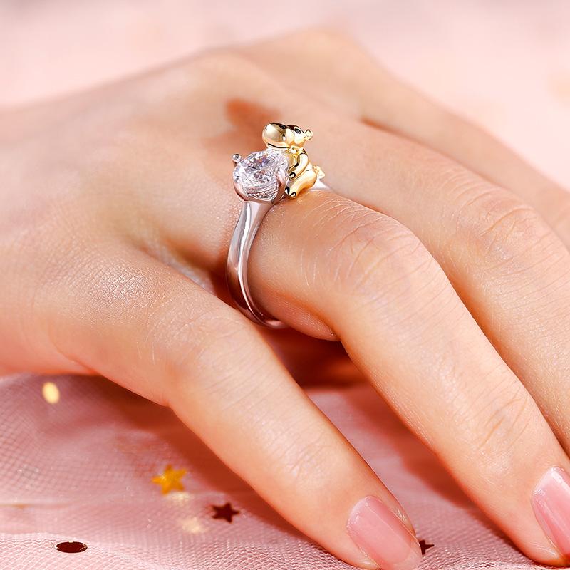 Jeulia Hug Me Series Cute Animals hug Diamond Round Cut Sterling Silver Rings Set for Wedding Birthday Engagement Chrsitmas Valentines Women Girls Gift white gold elegance