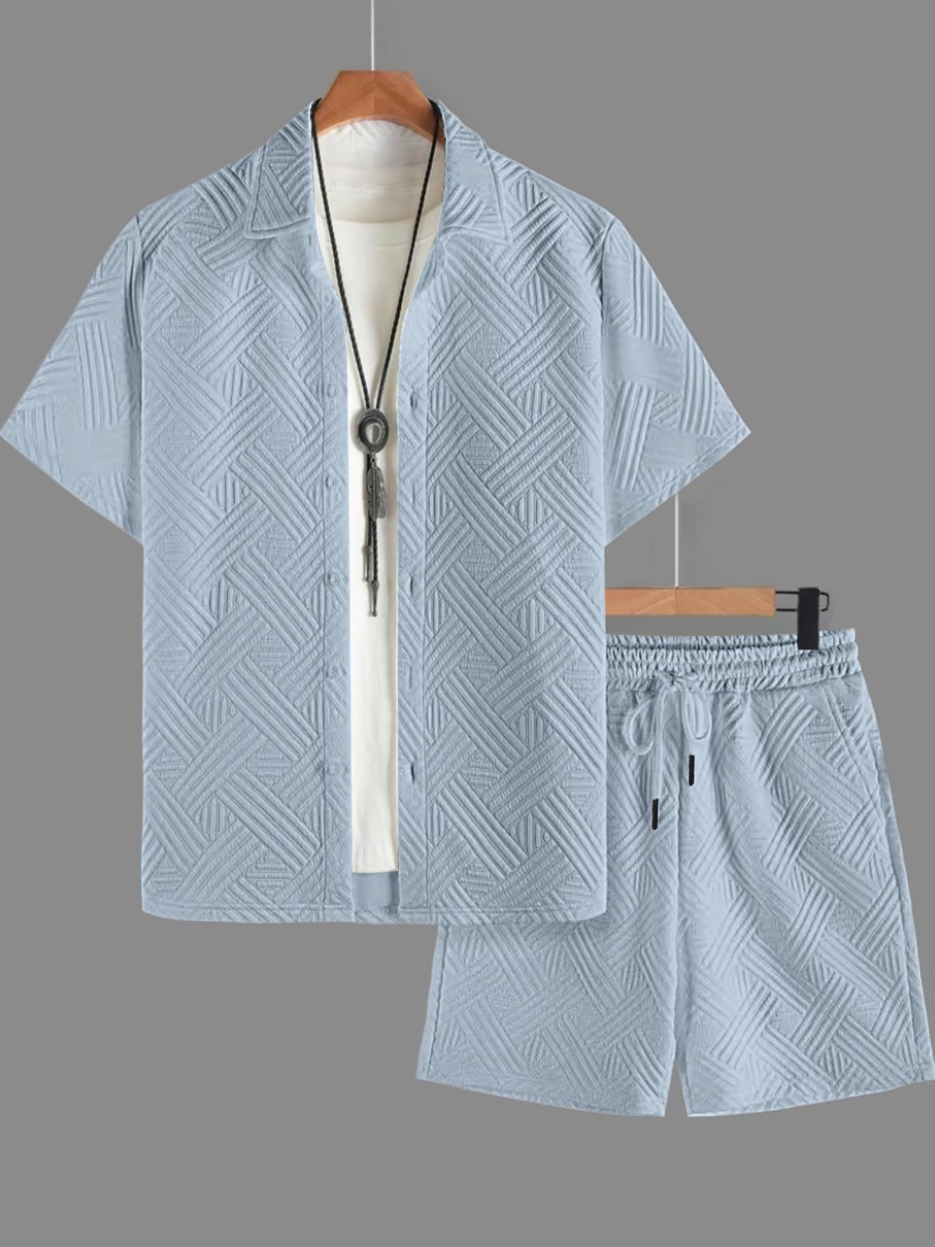 Two-piece Set Men's Solid Color Button Top & Drawstring Waist Shorts Set, Regular Fit Casual Short Sleeve Top & Pocket Shorts, Shortsleeve Men's Summer Clothes, Loungewear, Pajamas Set