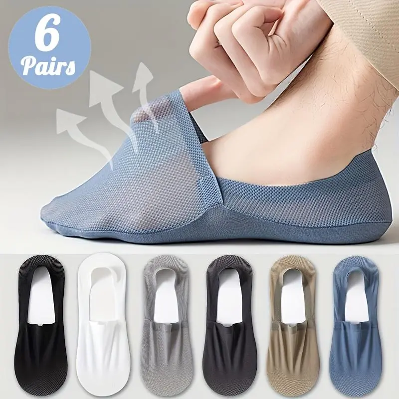 Men's 6-Pair Spring/Summer No-Show Socks - Solid Color, Lightweight, Breathable, Soft, Stretchy Mesh Fabric, Ultra-Comfortable - Suitable for Office Work, Daily Casual Wear - Ideal Gift for Family