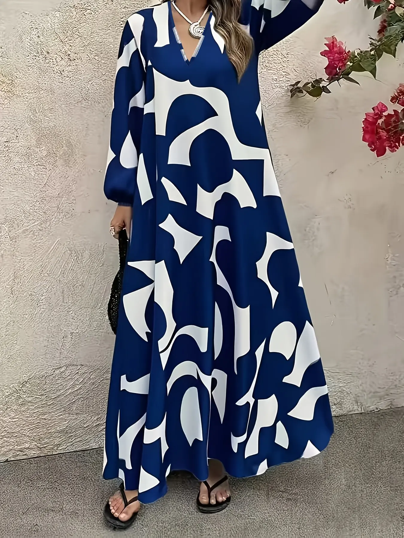 Plus Size Abstract Geometric Print V Neck Long Sleeve Dress, Loose Lantern Sleeve A-Line Floor-Length Dress, Multiple Colors Available