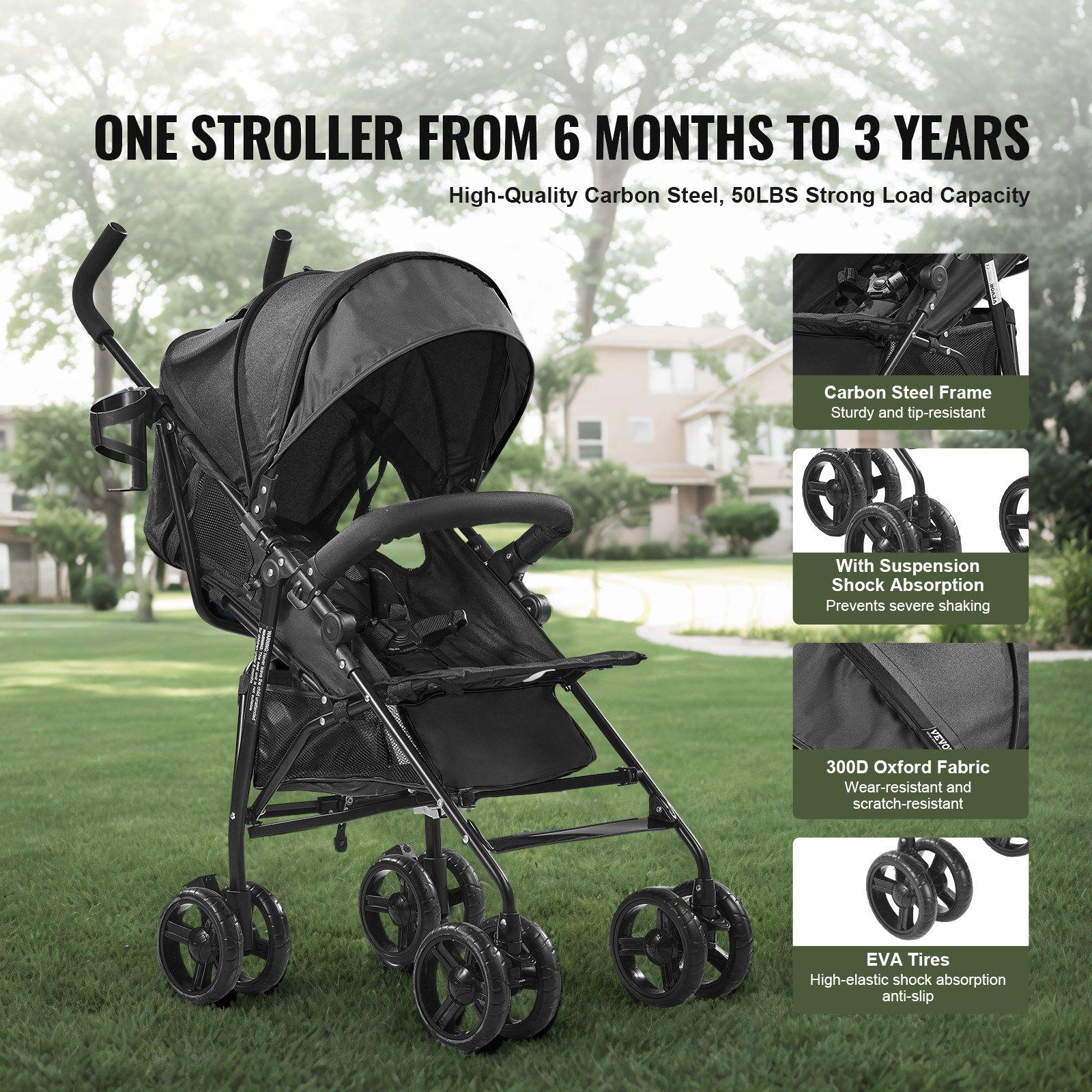 fathersdaygift VEVOR Lightweight Stroller, Compact Easy Fold MultiPosition Recline Canopy Backrest, Carbon Steel Frame, Large Storage Basket, Cup Holder, Umbrella Toddler Baby Stroller for Travel and More, Black
