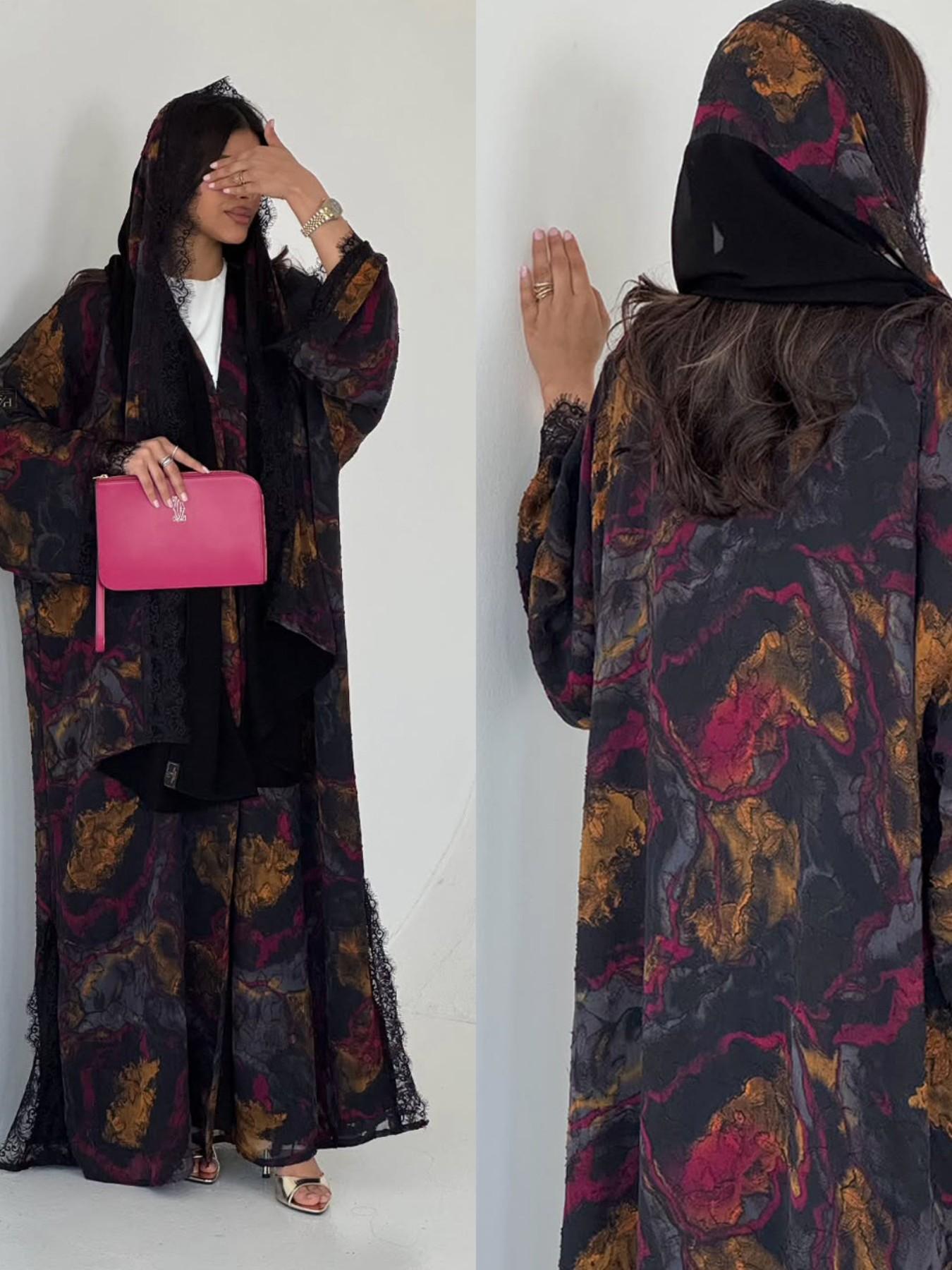 Women's Luxurious Lace Marble Print Robe, Elegant Open Front Kimono Style, Lace Trimmed, Muslim Modest Dress, Ramadan Eid Fashion