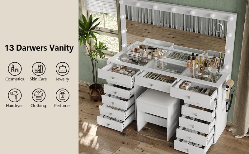 FUSOU 55"W 13 Drawers Vanity Desk, Makeup Vanity with Power Outlet, Vanity Table with Mirror and 13 LED Bulbs, 3 Color Lighting Modes, Glass Top, Dressing Table for Bedroom
