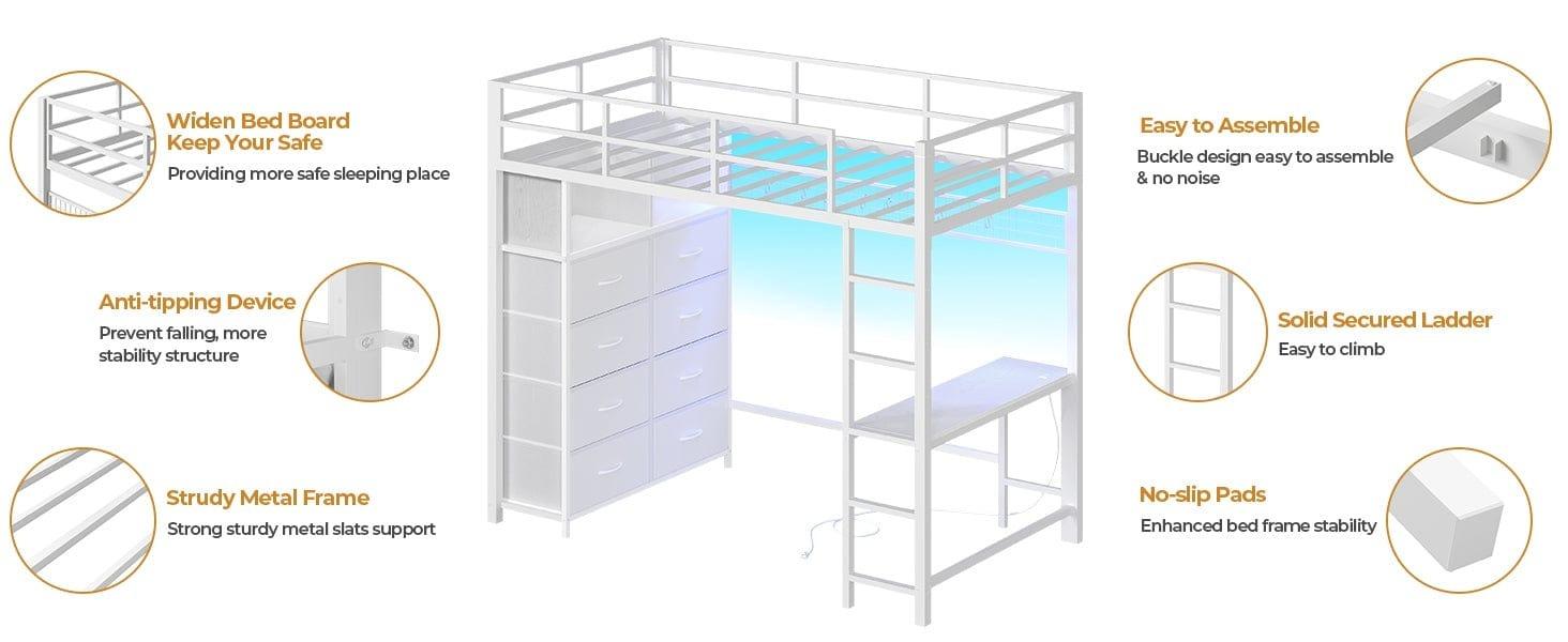 Sikaic Twin Size Loft Bed with Desk and 8 Storage Drawers Metal Loft Bed with LED Lights & Charging Sation, Storage Shelves, 13.1" H Safety Guard & Ladder Bedroom Bedframe Bedroom Furniture