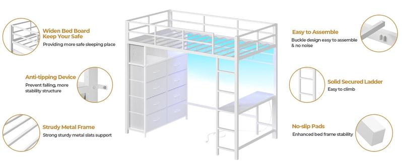 Sikaic Twin Size Loft Bed with Desk and 8 Storage Drawers Metal Loft Bed with LED Lights & Charging Sation, Storage Shelves, 13.1" H Safety Guard & Ladder Bedroom Bedframe Bedroom Furniture
