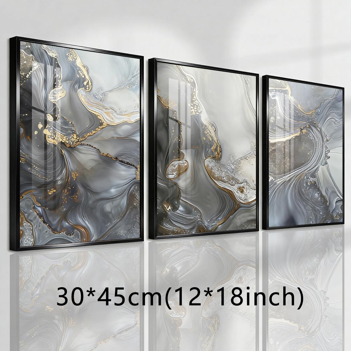 3 Counts Aluminum Alloy Framed Painting, Abstract Gray Gold Fluid Art Pictures, Home Decoration For Living Room, Bedroom, Office, Restaurant, Hallway Wall Decor, Odorless Print Artwork, Luxury Perfect Gift For Friends And Family