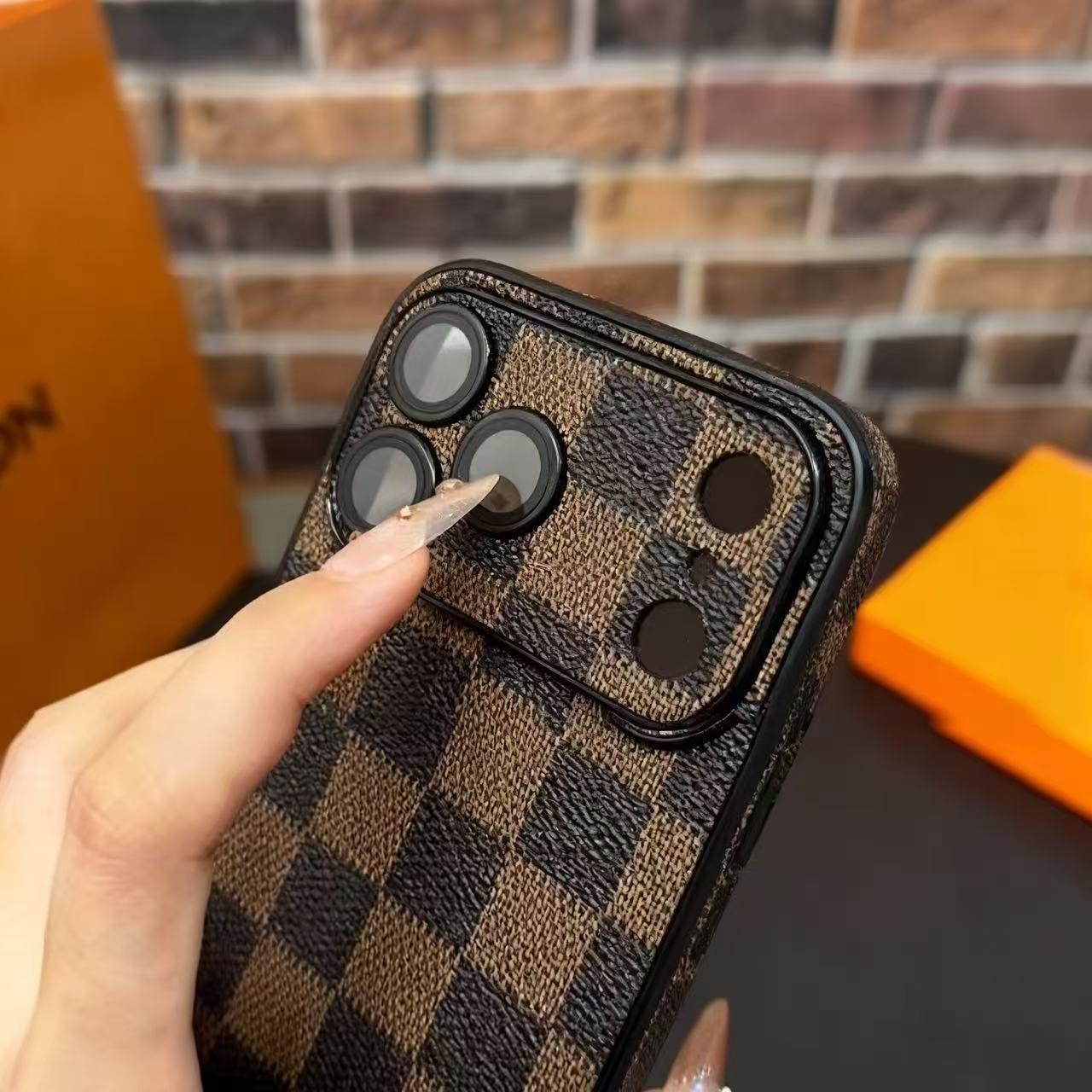 Luxury checkerboard phone case suitable for iPhone 17 Pro Max 16 15 14 13 Pro Max faux leather lens protection, streamlined design, precision molding, durable materials, technology enthusiasts, smartphone users