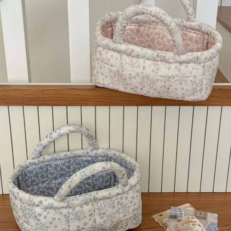 Flannel Peony Storage Basket, Floral Quilted Handheld Organizer, Desktop Living Room Bedroom Sorter, Cosmetic Bags