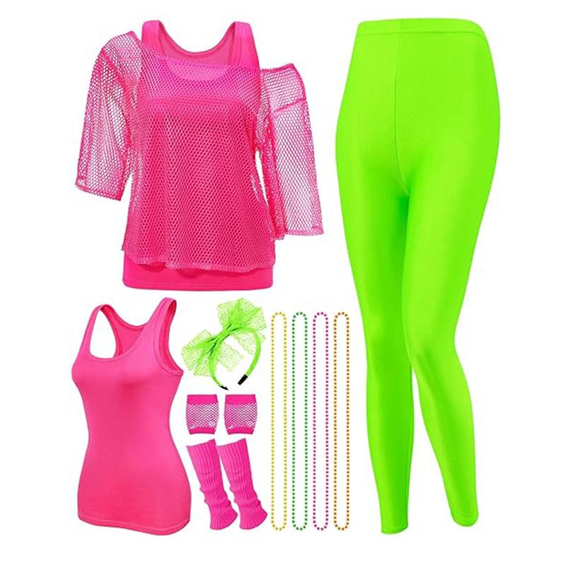 Women’s Neon Pink Mesh Top & Colorful Paint Splash Leggings Set - 80s 90s Rave Festival Outfit with Fishnet Shirt, Fingerless Gloves & Leg Warmers