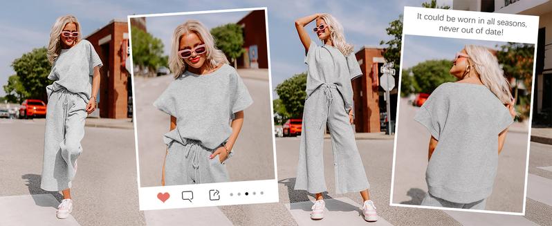 Fisoew Womens 2 Piece Outfits Sweatsuit Short Sleeve Tops and Drawstring Waist Cropped Wide Leg Pants Loungewear Sets