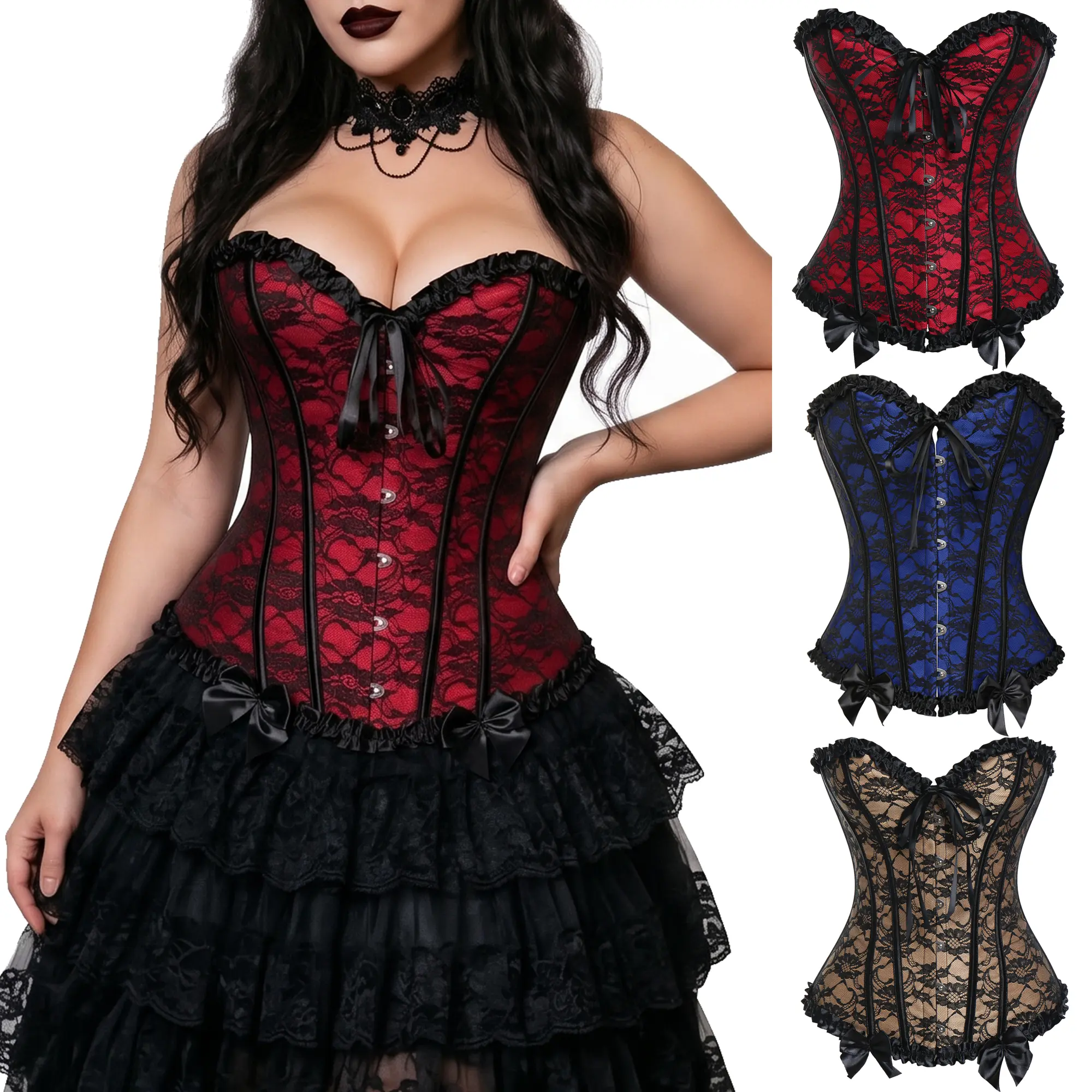 Women's Lace Up Boned Overbust Corset Top Bustier Lingerie Bodyshaper Top Halloween Costumes Shapewear Gothic Party Outfit Floral Vampire   Moulin Rouge Costumes Clothing