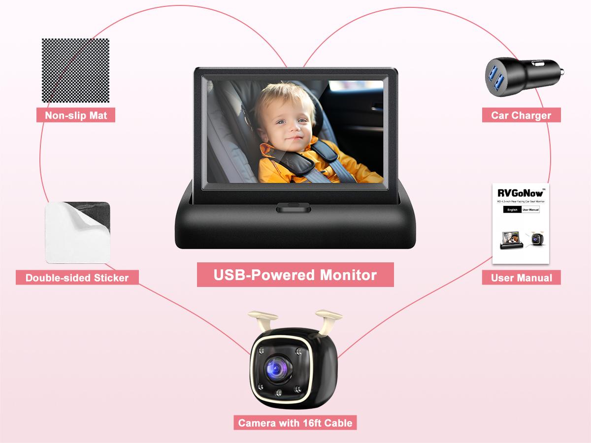 RVGoNow Baby Car Camera for Moms - USB Powered 4.3'' HD 1080P Monitor, Rear-Facing Seat Camera, Night Vision, 150° Wide-Angle, Easy Installation, Safe & Portable Baby Monitor for Car, Baby Mirror, New Moms Gift RVGoNow Baby Car Camera for Moms - USB Powered 4.3'' HD 1080P Monitor, Rear-Facing Seat Camera, Night Vision, 150° Wide-Angle, Easy Installation, Safe & Portable Baby Monitor for Car, Baby Mirror, New Moms Gift