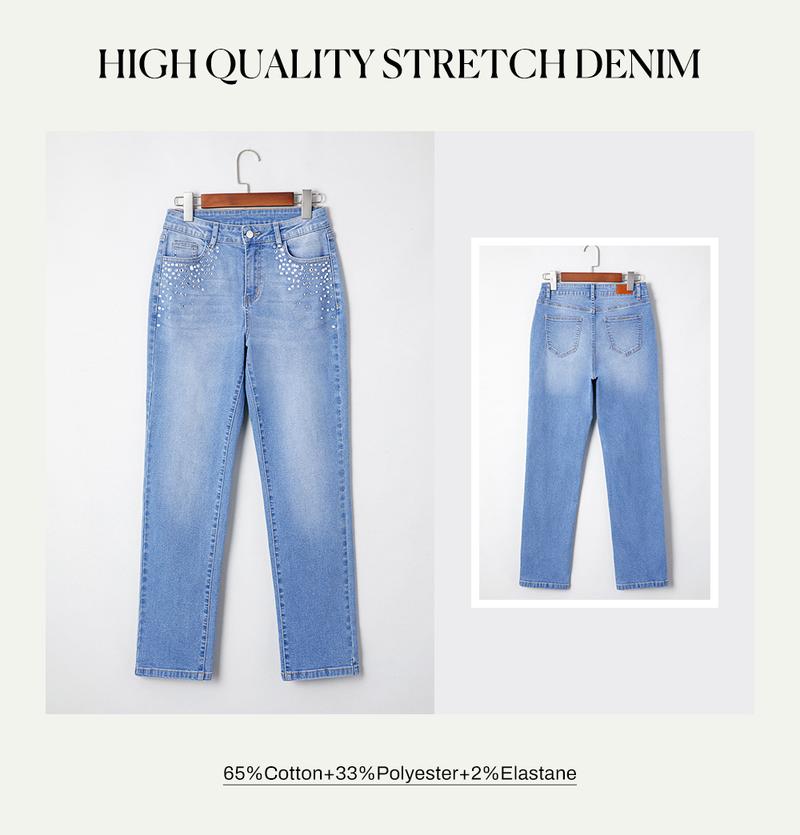 Sidefeel Women's Rhinestone Jeans High Waisted Stretchy Straight Leg Denim Wide Leg Pants TikTokShopBlackFriday