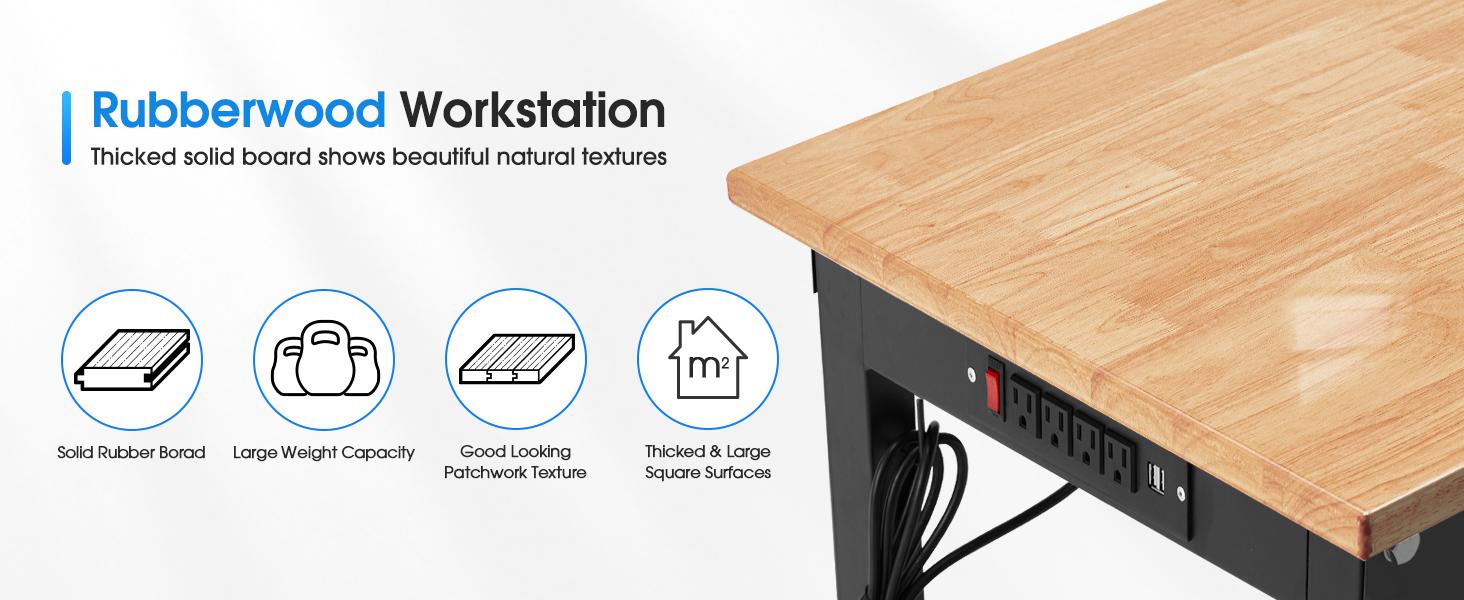 60'' Adjustable Workbench on Wheels, 2000 LBS Heavy-Duty Workstation with Power Outlets, Rubber Wood Top Worktable for Garage, Workshop, Home, Commercial