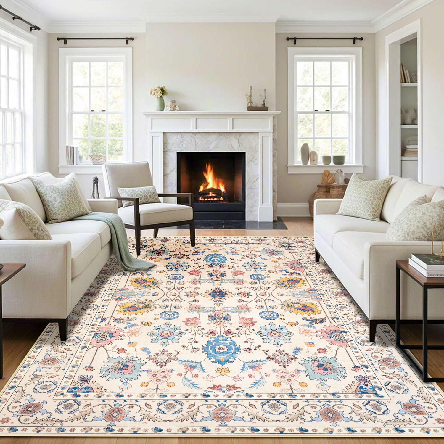 Lochas Floral Washable Living Room Area Rug ,Non-Slip Low-Pile Rugs for Entryway, Throw Small Stain Resistant Kitchen Rugs, Print Carpet for Office, Bedroom, Laundry Room, Nursery, Home Decor