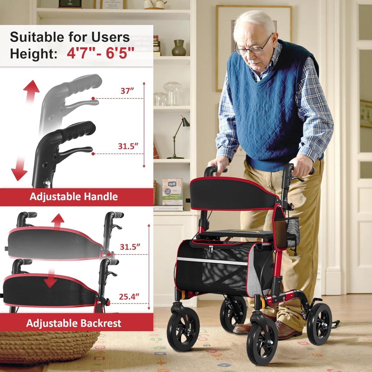 Walkers for Seniors, Rollator Walker with Seat, 350 lb Weight Capacity, 18" Big Seat, 8" All-Terrain Wheels, 6-Level Adjustable Height, Lightweight Aluminum Frame Rollator Walkers for Seniors (RED)