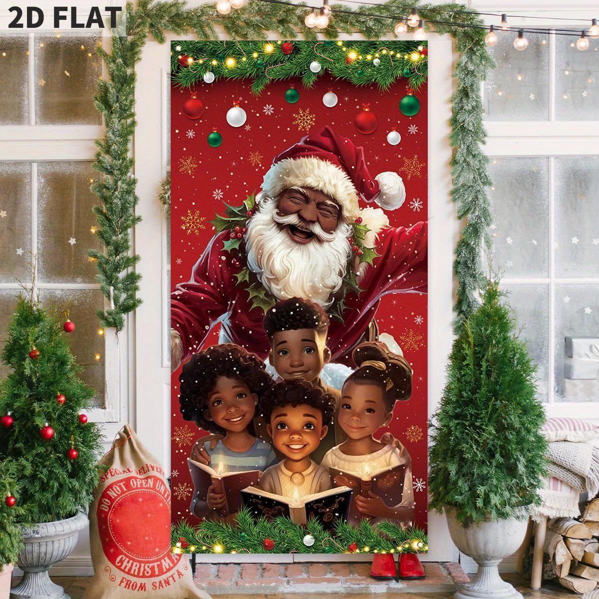 2D FLAT Banners African American Christmas Door Cover Black Santa Claus Party Banner Black African American Christmas Decor Merry New year Xmas Decor Christmas Decorations for Home Party
