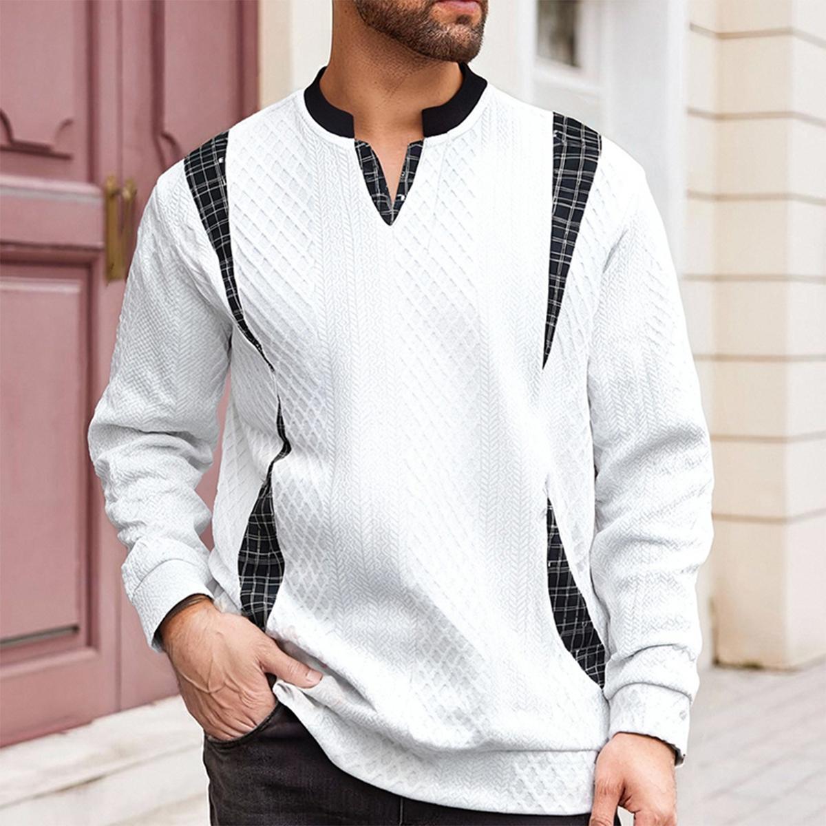 Men's Long Sleeve Crewneck Pullover & V-Neck Top - Polyester, Diamond-Patterned, Plaid-Spliced, Retro Color-Block, Striped, Contrast Stripes, Foldable Casual Autumn Winter Streetwear Sweatshirt