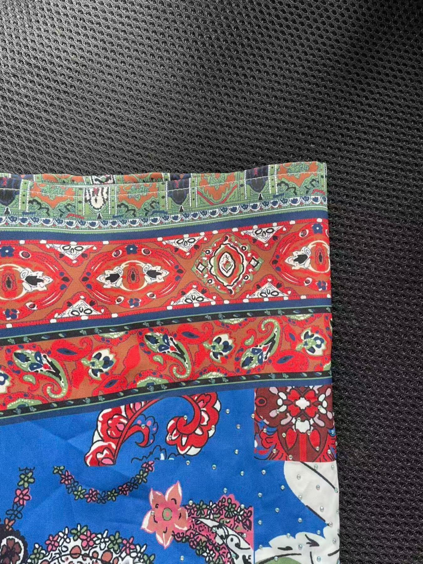 Women's Blue Printed Embellished Long Robe, Dubai Style Kaftan Evening Gown, Eid Al-Fitr Festival Dress, Abaya with Full Rhinestones