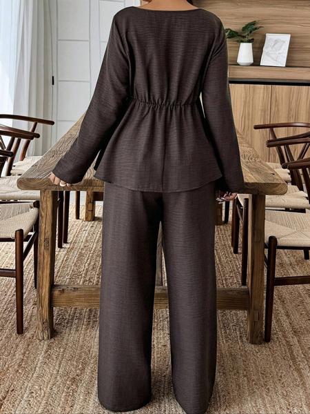 Aliling Women's Two-Piece Fall Casual Set, Fashion Pants Set, Regular Length Fitted Long Sleeve Top and High-Waisted Wide Leg Pants, Plain Woven Fabric
