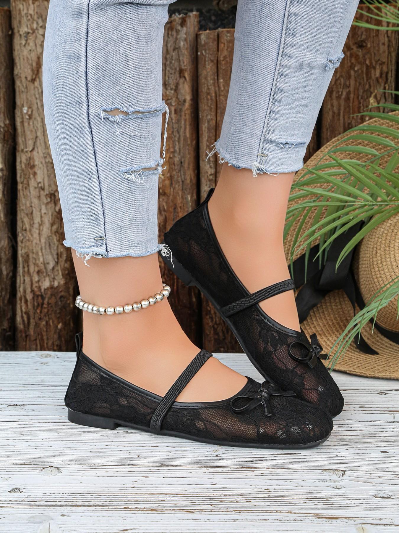 2026 Summer New Lace Mary Jane Shoes for Women, Round Toe Bowknot Low Heel Soft Sole Flat Shoes, Perfect for Shopping and Dating