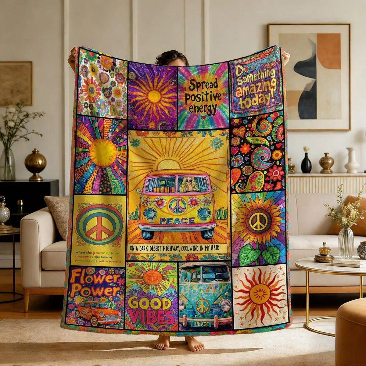 Comfortable Hippie Peace Bus Print Flannel Soft Throw Blanket, Baby Blankets and Adult Blankets, Soft Warm Anti-Pilling Fabric, Ideal for Nap, Camping, Travel, All Seasons Decor Blanket, Perfect Birthday Holiday Gift, Printed Flannel Blanket for Sofa Bed