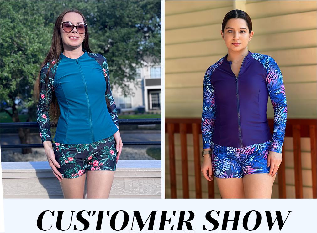 Holipick Long Sleeve Swimsuits for Women - Three Piece Rash Guard with Shorts Zipper SPF Swim Shirt with Built in Bra