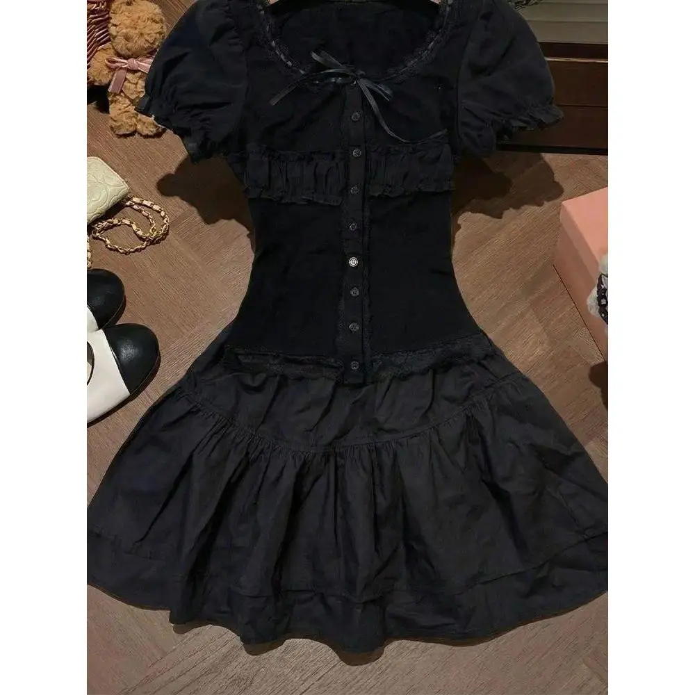 Gothic Y2k Black Two Piece Set Women Puff Sleeve Lace Trim Ruffle Crop Top High Waist A Line Mini Skirt Sweet Lolita Outfit 2026