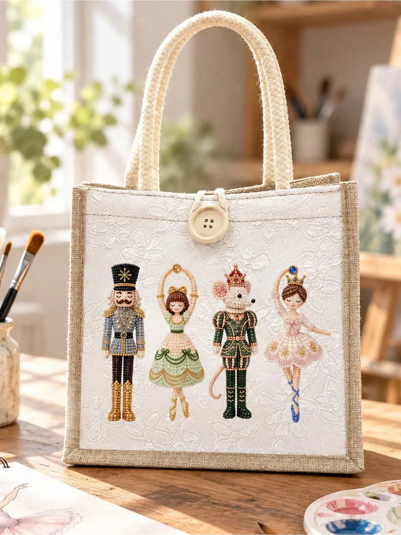 2D Nutcracker Corduroy Tote Bag, Christmas Ballet Print, Multi-purpose Shopping Handbag, Christmas Holiday Gift