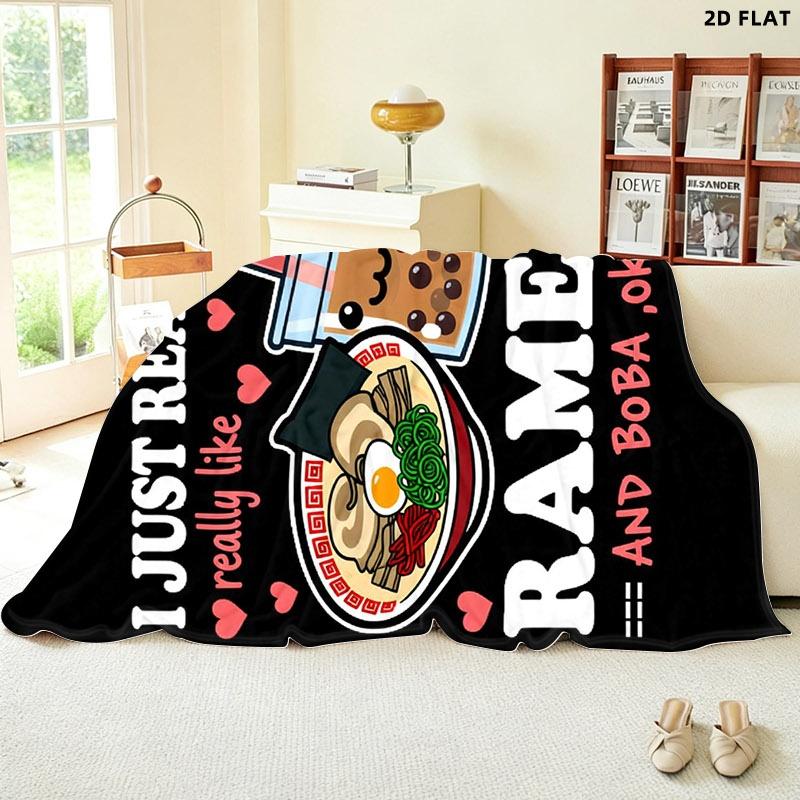 Cute Ramen & Boba Themed Throw Blanket, Single - Sided Printed, Multiple Specifications Available, Perfect for Nap/Relaxation, Soft Cozy Fabric, Adorable Design for Ramen & Boba Lovers