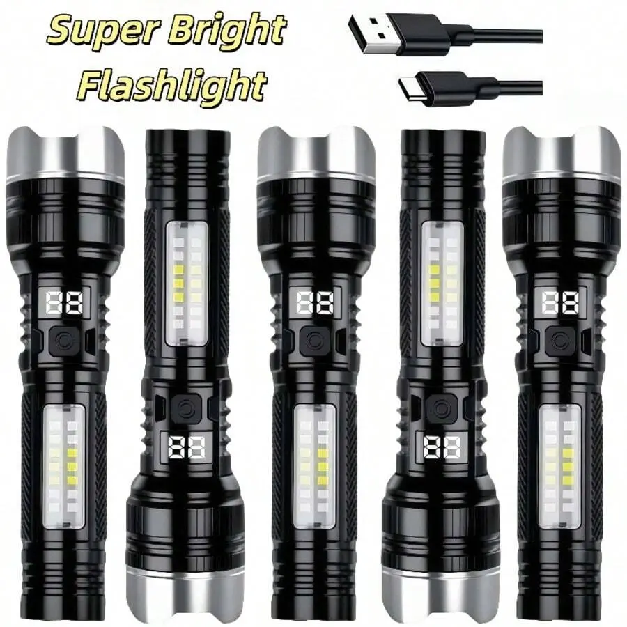 Bright Lumens Tactical Flashlight With COB Side Light & Red Blue Strobe Light, 5 Adjustable Lighting Modes Zoomable Focus USB-C Fast Rechargeable LED Handheld Flashlight Camping Fishing Hunting Outdoor Adventures Household Emergency