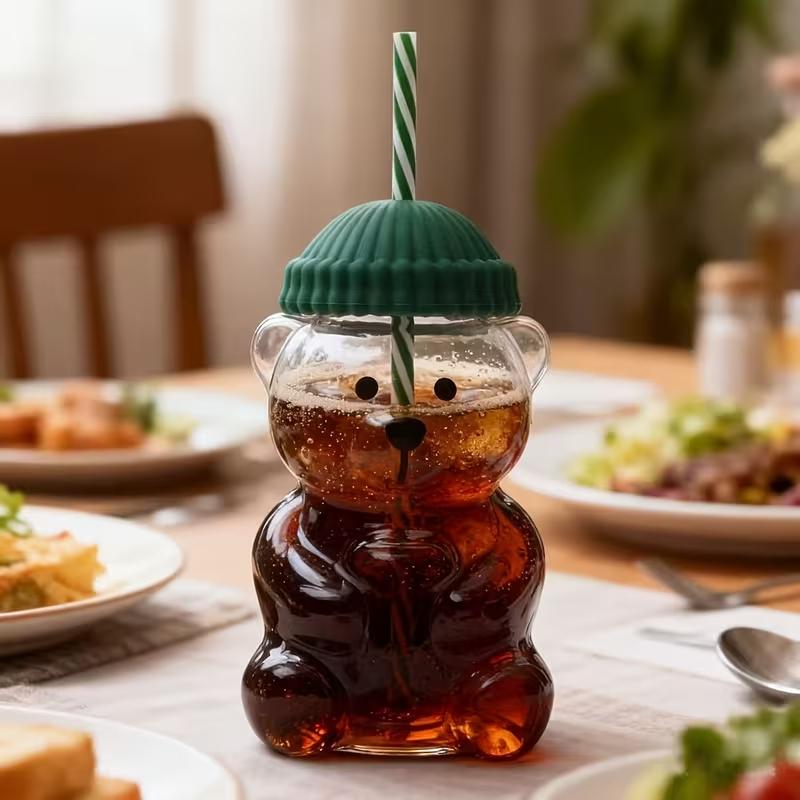 Teddy Bear Water Cup 550ML, Cute Small Bear Plastic Cup Tumbler with Detachable Straw, Home Bar Restaurant Car Use, Casual Cafe Drinkware