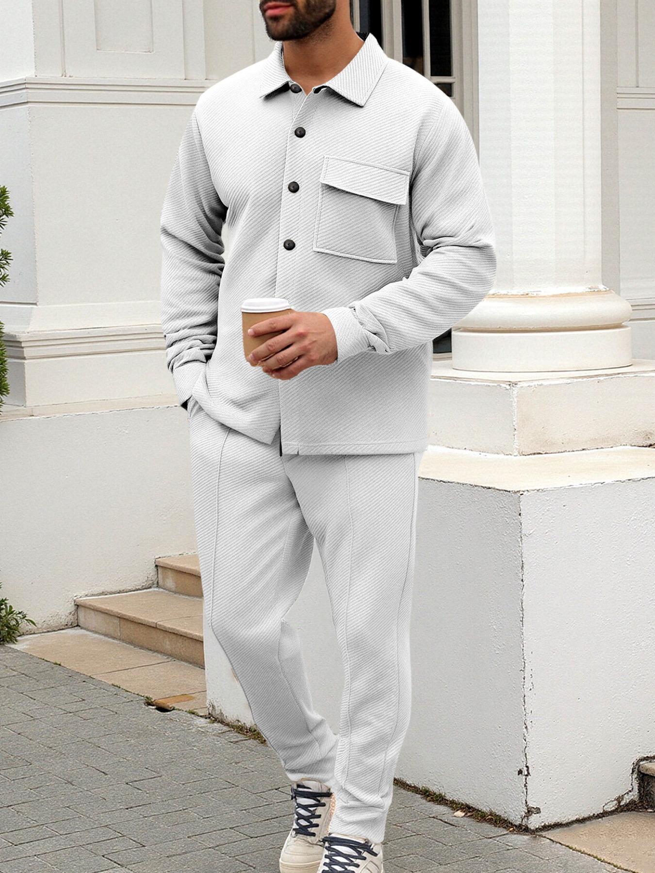 Men's two-piece casual suit outfit with a stand-up collar, long sleeves with a subtle texture, and long pants. The top has a single- button front with a pocket, suitable for daily outings, casual commuting, and light business casual occasions. Men's suit.