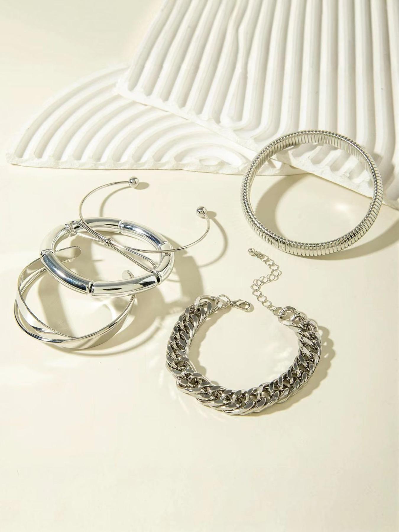 6 Pcs Silver Color Stackable Bracelet Set for Women, Punk Industrial Cuban Chain Open Cuff, Multi-Layer Metal Style, Street/party Fashion