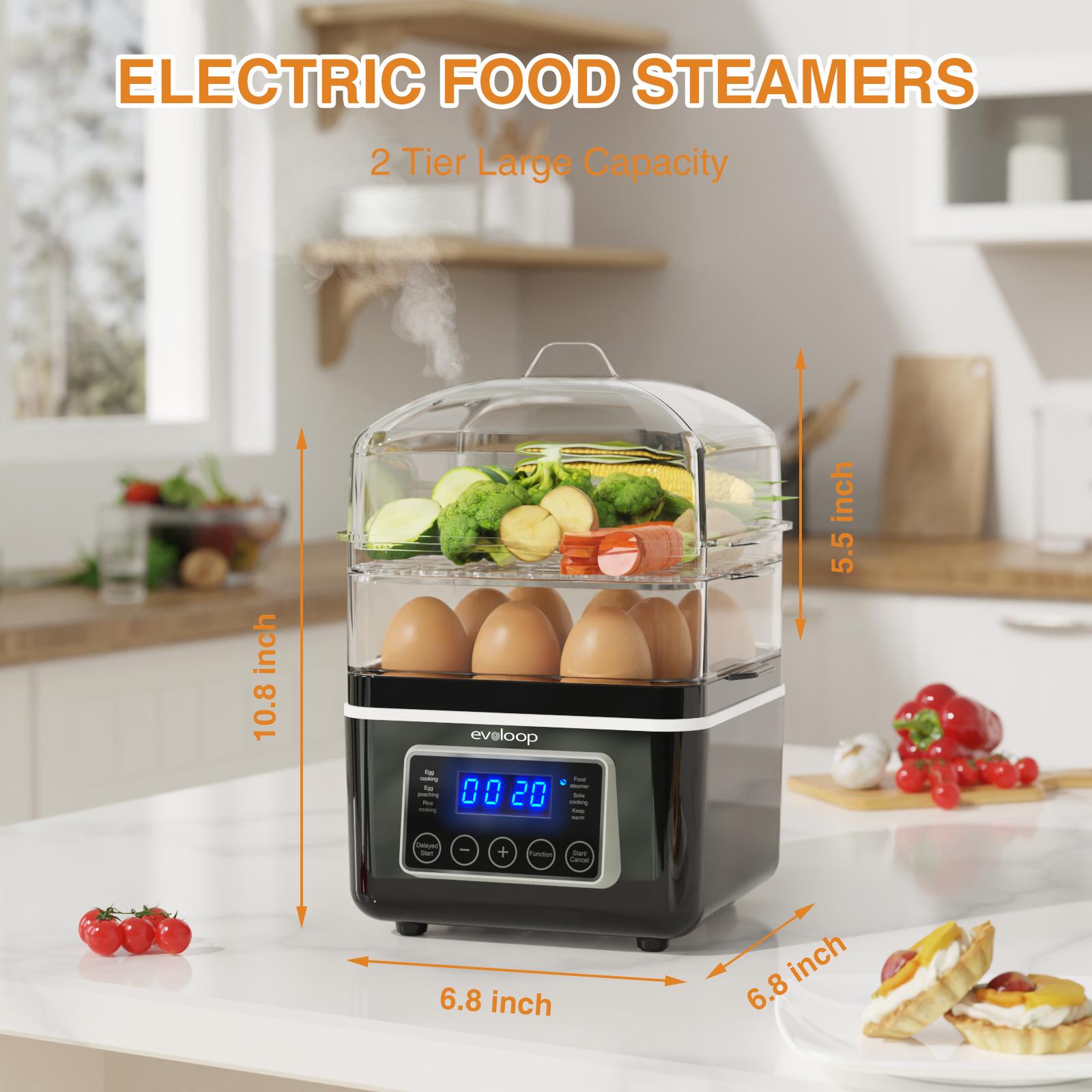 【Deals For You Days】EVOLOOP 2 Tiers Electric Food Steamer for Cooking, 4 QT Digital Multi Vegetable Steamer with BPA-Free Stackable Baskets, Rapid Egg Cooker with Auto Shut-Off, Ideal for Veggies, Rice
