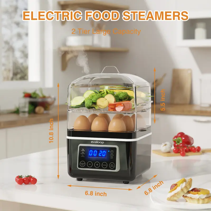 EVOLOOP 2-Tier Electric Food Steamer - 4 QT Digital Kitchen & Household Appliances with BPA-Free Stackable Baskets, Multi-Cook Mode, Auto Shut-Off for Steam Rice, Veggies, Eggs, and Fish