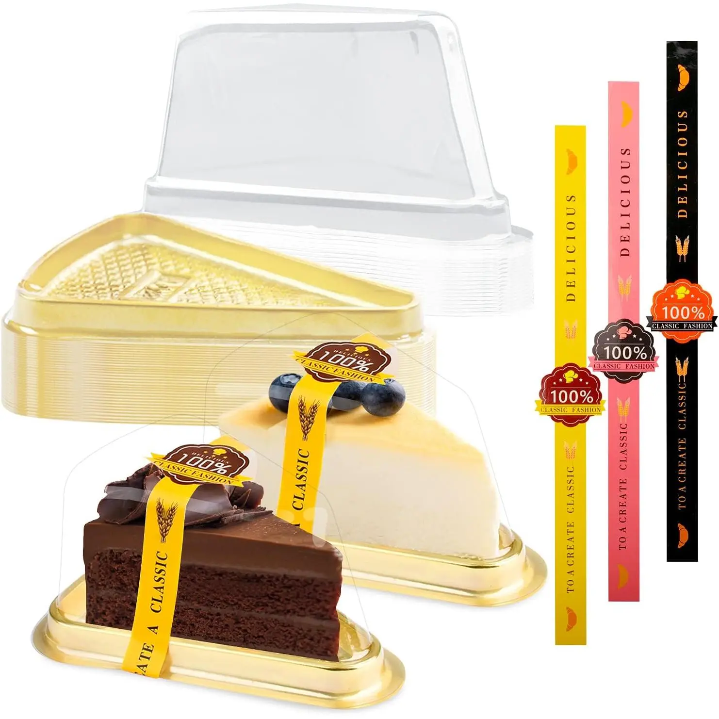 50 Pack Cake Slice Containers, Clear Plastic Cake Containers Disposable Cheesecake Containers Individual Cake Pie Slice Boxes with  for Small Pies Snack Dessert - Bonus 50 count Stickers ()