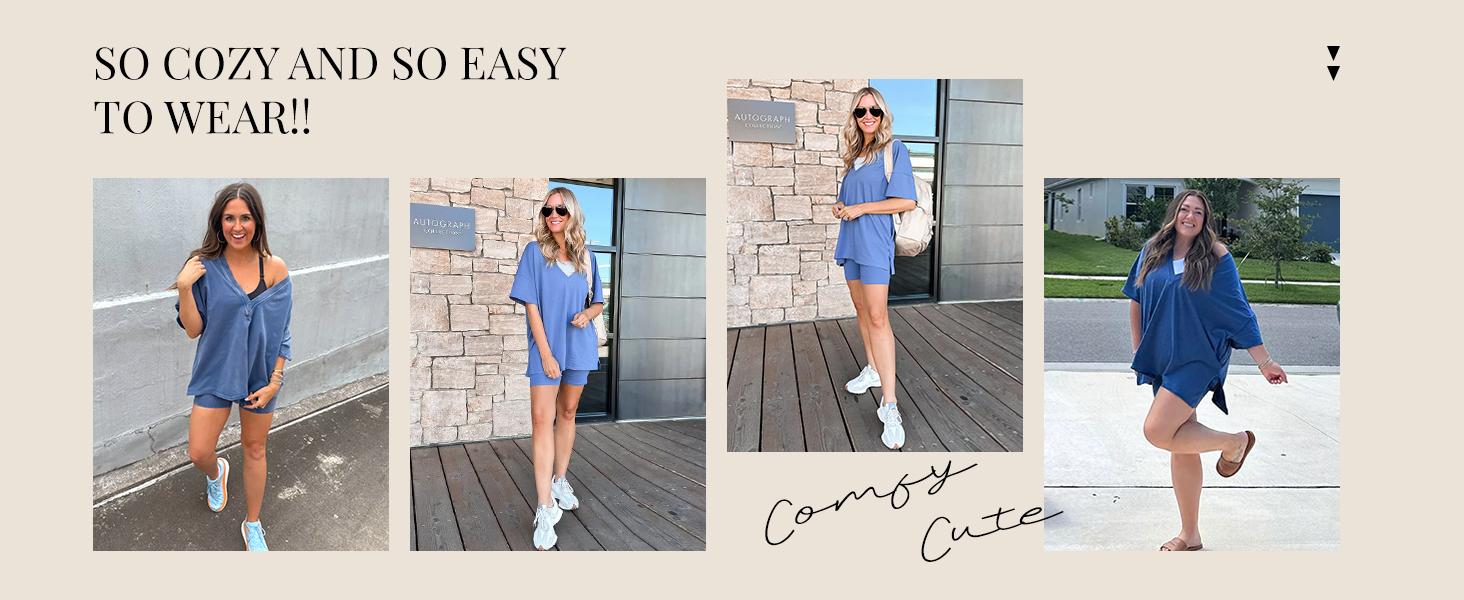 Tanming Women's Oversized 2 Piece Workout Hot Shot Set - Reversible V Neck Tee & Biker Shorts - Casual Streetwear for Yoga & Lounging - Flowy & Comfortable #SpringStatements