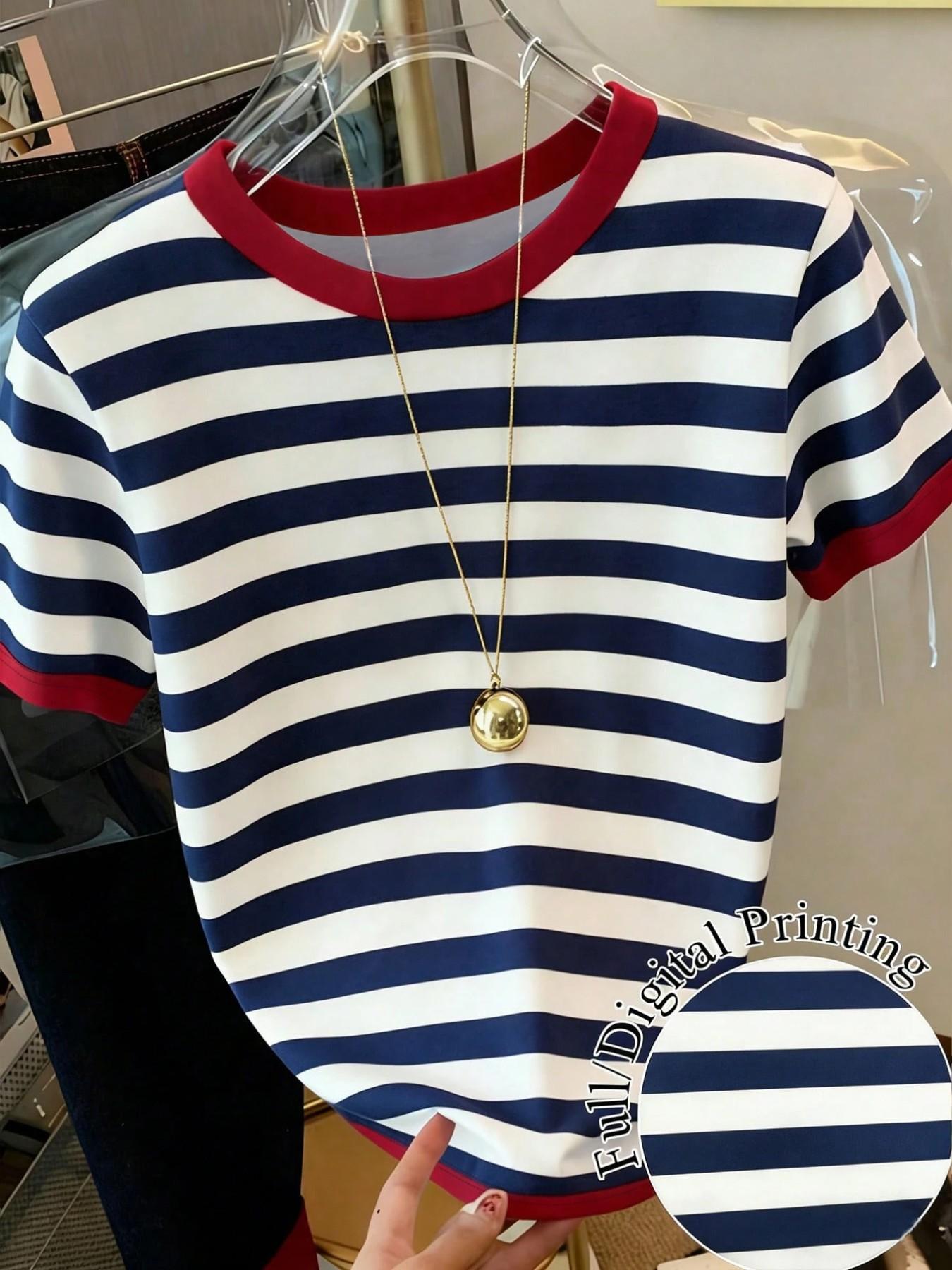 New Summer-Autumn Women's Short Sleeve T-Shirt, Blue- Striped Knit Top, Loose Fit Digital Print, Versatile Outerwear