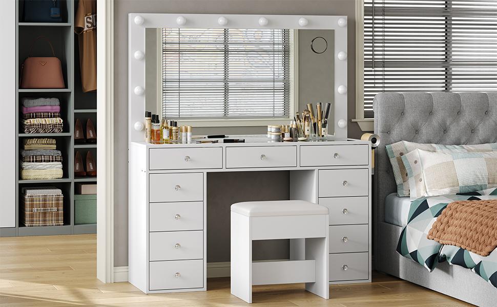 FUSOU 47"W 11 Drawer Vanity Desk with Power Outlet, Vanity Table with Chair, 3 Lighting Modes,Dressing Room, Makeup Vanity with Mirror and 12 LED Lights