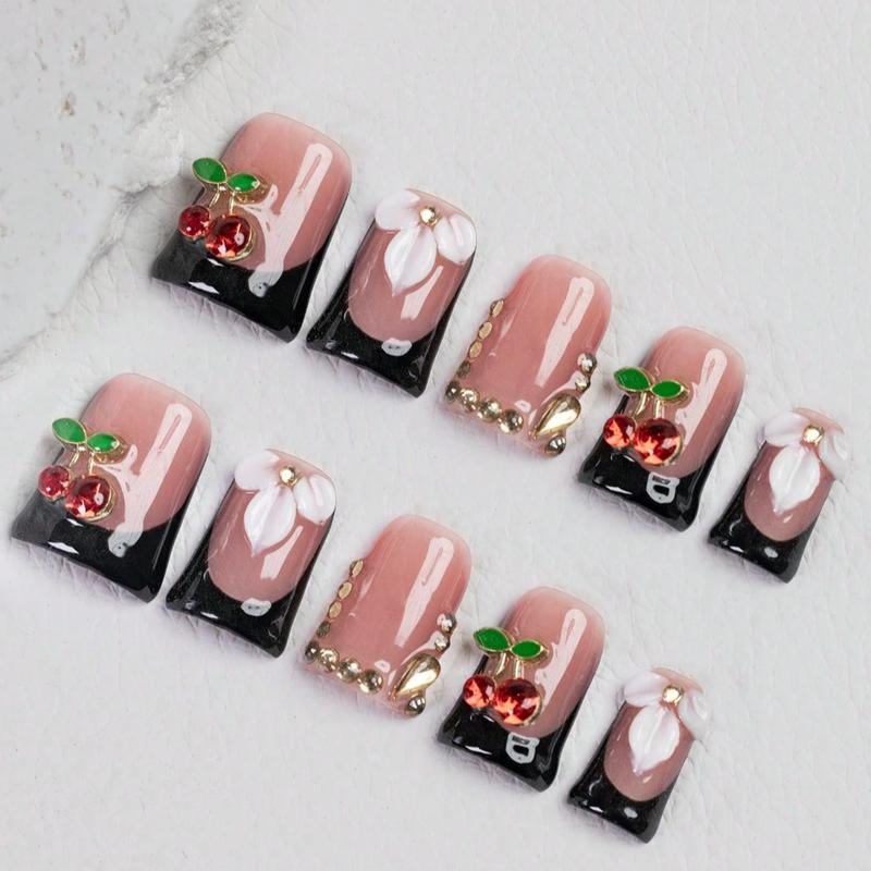 10pcs Y2K Black And Red Short Duckbill Press On Nails, Acrylic Press Nail, Three-Dimensional Flower Handmade Fake Nails, 3D White Flower Design, Shiny Cherry Decoration, Rhinestone Embellishment, Elegant And High-End Nail Art, Suitable For Daily